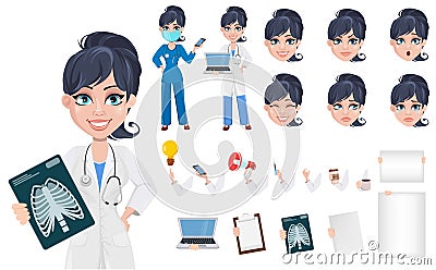 Beautiful cartoon character medic creation set. Vector Illustration