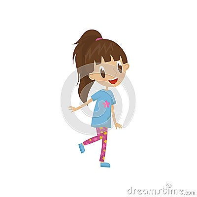 Beautiful cartoon girl character in leggings and tunic, cute kid in fashionable clothes vector Illustration on a white Vector Illustration