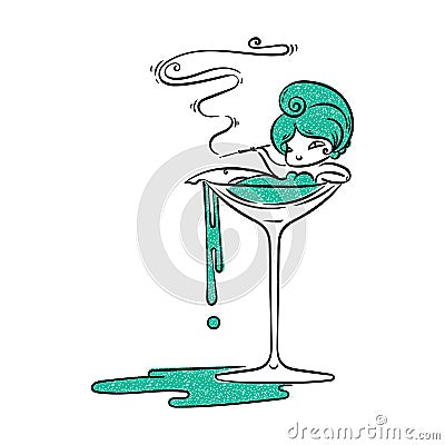 Beautiful cartoon girl in Martini glass with cigarette. Poison smoke Vector Illustration