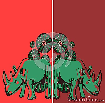 Beautiful cartoon illustration of two cute green rhinocheros ,separated colours and amazing and unique decorative circles upon Stock Photo