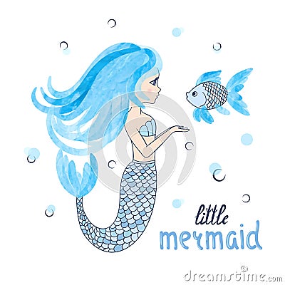 Beautiful cartoon little Mermaid with fish Vector Illustration