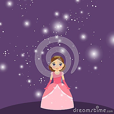 Beautiful cartoon princess on violet background Vector Illustration