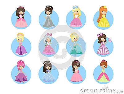 Beautiful Cartoon Princesses Flat Vector Icons Set Vector Illustration