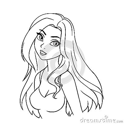 Beautiful cartoon smiling girl portrait. Long hair, big eyes. Outline art for coloring book Cartoon Illustration