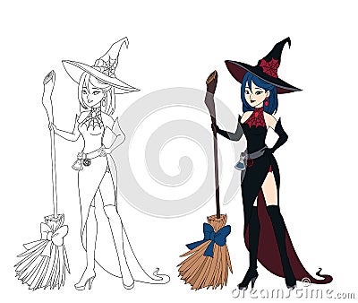 Beautiful cartoon witch holding wooden broom. vector illustration Vector Illustration