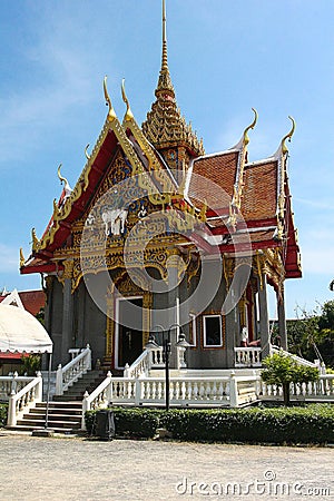 Beautiful carved gilded Buddhist pagoda at Wat Chalong Temple. Religion. Thailand. Journey. Travels Stock Photo