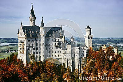 Beautiful castle Neuschwanstein in autumn sunny day Stock Photo