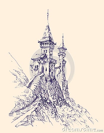 Beautiful castle with towers on top of the mountain Vector Illustration