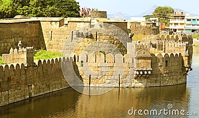 Beautiful castle wall and battlements with trench Stock Photo