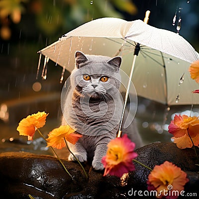 beautiful cat enjoy rain in flowers field generated by AI tool Stock Photo