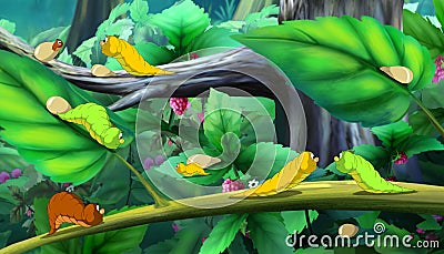 Beautiful Caterpillars Crawls on a Tree Cartoon Illustration