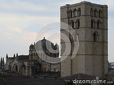 Beautiful cathedral in the Romanesque style of great size and many campaigns Stock Photo