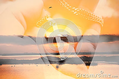 Beautiful Catholic Religious Abstract Art With Gold Cross In Palm Of Hand With Sunrise Stock Photo