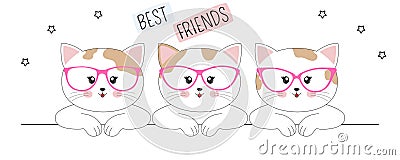 Beautiful cats best friends in glasses white background. Vector Illustration