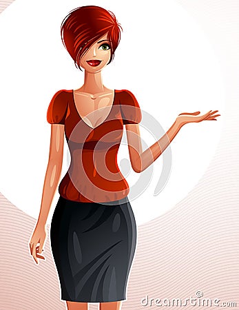 Beautiful Caucasian businesswoman, full-length portrait. Colorful drawing of a cute slender girl with modern makeup and hairstyle Vector Illustration