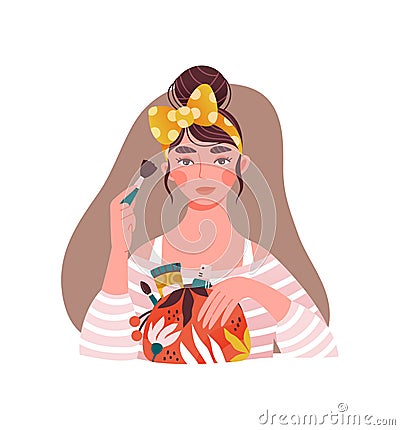 Beautiful caucasian girl with yellow bow-knot and bag full of cosmetics doing makeup Vector Illustration