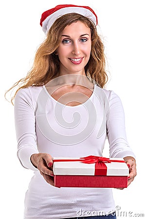 Beautiful caucasian wearing red christmas hat and holding new ye Stock Photo