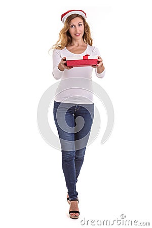 Beautiful caucasian wearing red christmas hat and holding new ye Stock Photo