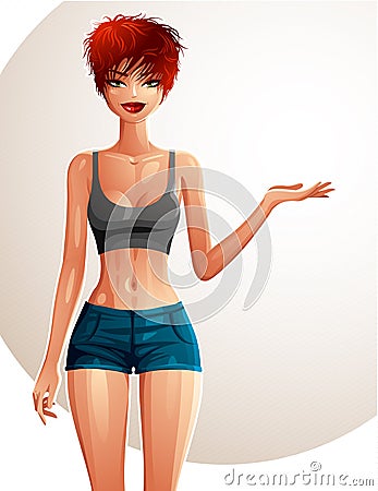 Beautiful Caucasian woman showing something with her hand, empty Vector Illustration