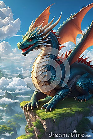 A beautiful and charming dragon, the mythical animal, sitting on a top of hill, with beautiful sky and fluffy clouds, anime art Stock Photo