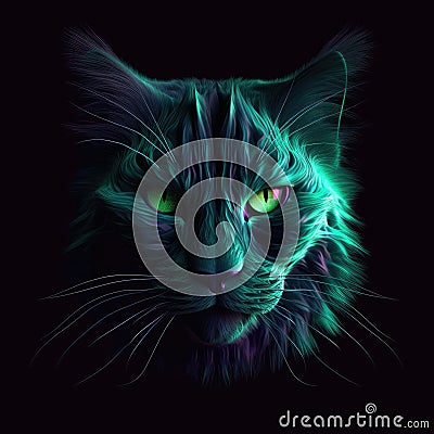 Beautiful Chartreux Face Shape In Green Purple Fire On Black Background Dazzling And Radiant. Generative AI Stock Photo