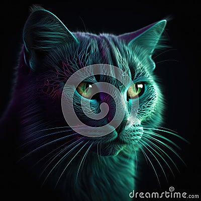 Beautiful Chartreux Face Shape In Green Purple Fire On Black Background Dazzling And Radiant. Generative AI Stock Photo