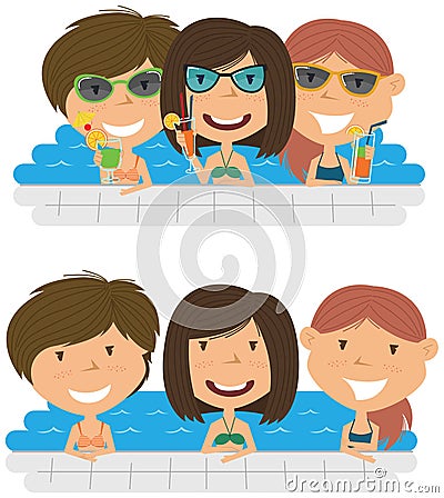 Beautiful cheerful girls relaxing and drinking cocktails in the Vector Illustration