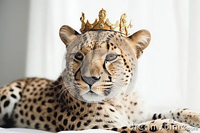 Beautiful Cheetah In Gold Crown On White Background. Generative AI Stock Photo