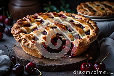 beautiful cherry pie, with lattice top and flaky crust, ready to be eaten Stock Photo