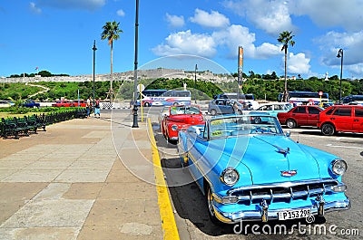 Beautiful Chevrolets at MalecÃ³n, old Havana Editorial Stock Photo