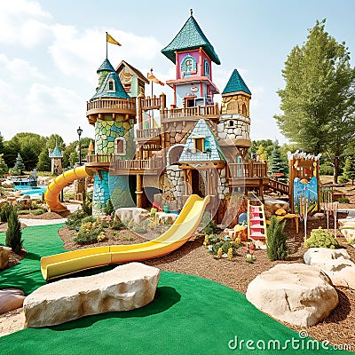 Beautiful children playground castle with colorful slides. Created with generative Ai Stock Photo