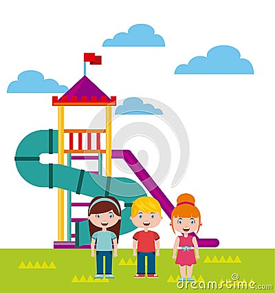 Beautiful children playground with kids playing Vector Illustration