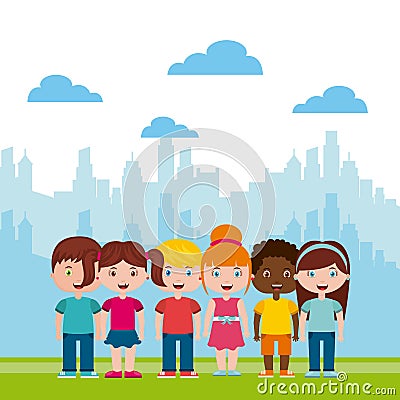 Beautiful children playground with kids playing Vector Illustration
