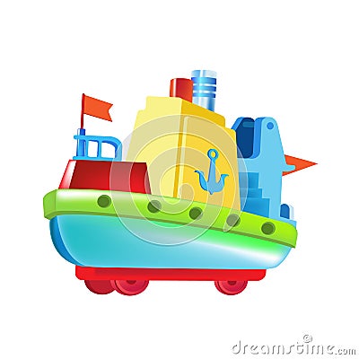 Beautiful children`s colored boat, made of bright elements. Water vehicle. Vector Illustration