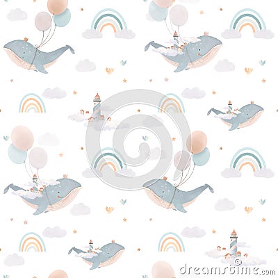 Beautiful children seamless pattern contain cute watercolor flying whales with air balloons lighthouses clouds and Cartoon Illustration