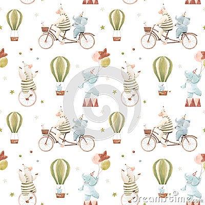 Beautiful children seamless pattern with cute watercolor hand drawn circus animals. Sheep juggle on unicycle, baby Cartoon Illustration