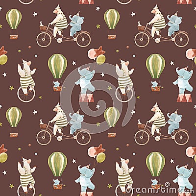 Beautiful children seamless pattern with cute watercolor hand drawn circus animals. Sheep juggle on unicycle, baby Cartoon Illustration