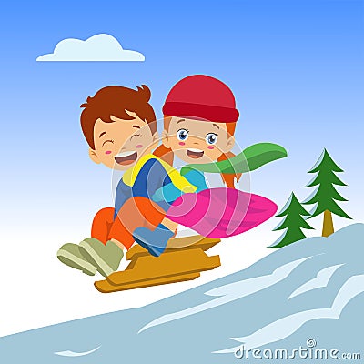 Beautiful children sledding in the snow Stock Photo