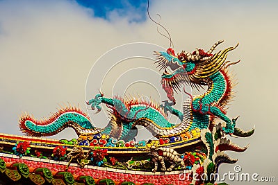 Beautiful Chinese dragon sculpture on the roof at Lungshan Temple of Manka, Buddhist temple in Wanhua District, Taipei, Taiwan. Stock Photo