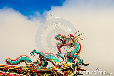 Beautiful Chinese dragon sculpture on the roof at Lungshan Temple of Manka, Buddhist temple in Wanhua District, Taipei, Taiwan. Stock Photo