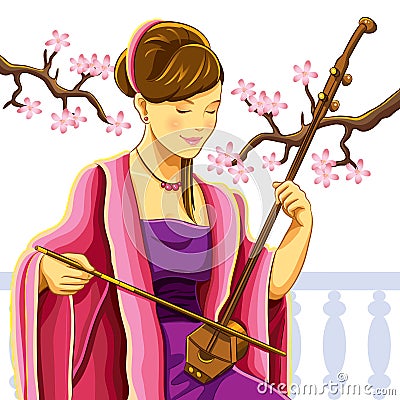 Beautiful Chinese Erhu Player Vector Illustration