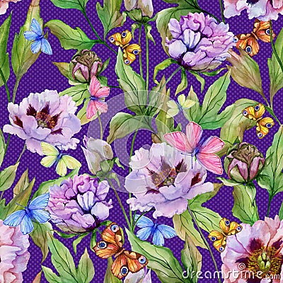 Beautiful Chinese peony and butterflies on bright polka dot background. Seamless floral pattern. Watercolor painting. Cartoon Illustration