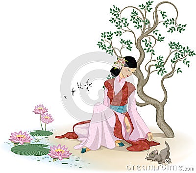 Beautiful Chinese woman with kitten Vector Illustration