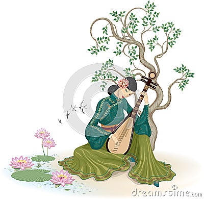 Beautiful Chinese woman playing the pipa Vector Illustration