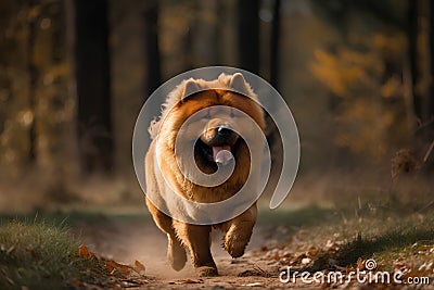 beautiful chow chow dog running in the autumn forest. Stock Photo