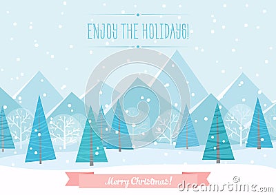 Beautiful Chrismas winter flat landscape background. Christmas forest woods with mountains. New Year vector greeting Vector Illustration
