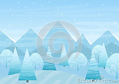 Beautiful Chrismas winter flat landscape background. Christmas forest woods with mountains. New Year winter vector Vector Illustration