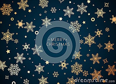 Merry Christmas and Happy New Year holiday background greeting card in gold and blue colors Vector Illustration