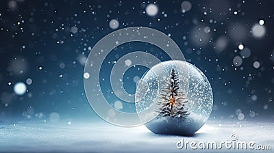 Beautiful Christmas bauble hanging on the background with snow sparkles. Xmas wither holiday card with glass ball Stock Photo