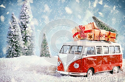 Beautiful christmas bus in snowy landscape Stock Photo